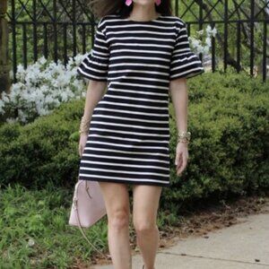 J. CREW Black and White Striped Ruffled Bell‎ Sleeve Shift Dress Womens Size M
